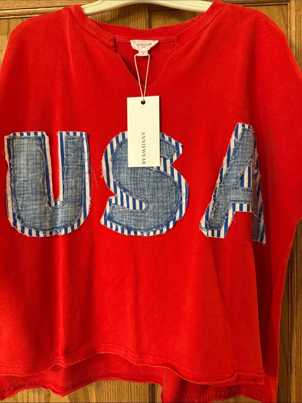 Anniewear Small Red Sweatshirt with Blue Striped USA Appliqué SMALL  NEW